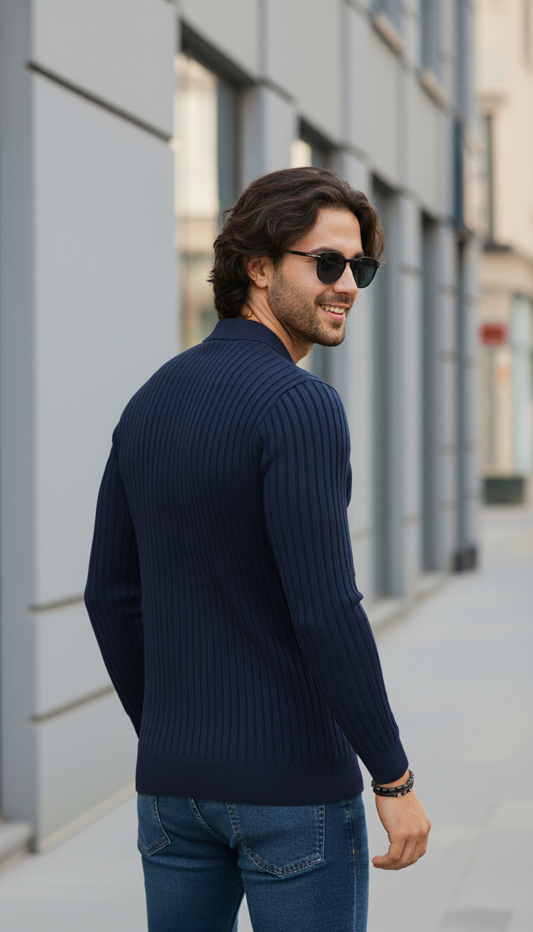 Navy blue Zipper Full Sleeve Old Money