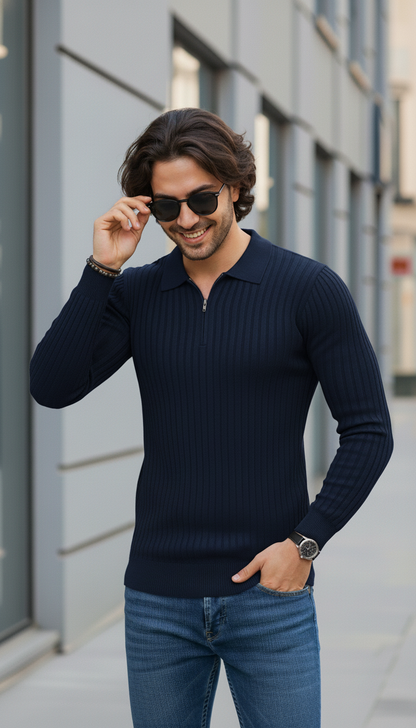 Navy blue Zipper Full Sleeve Old Money