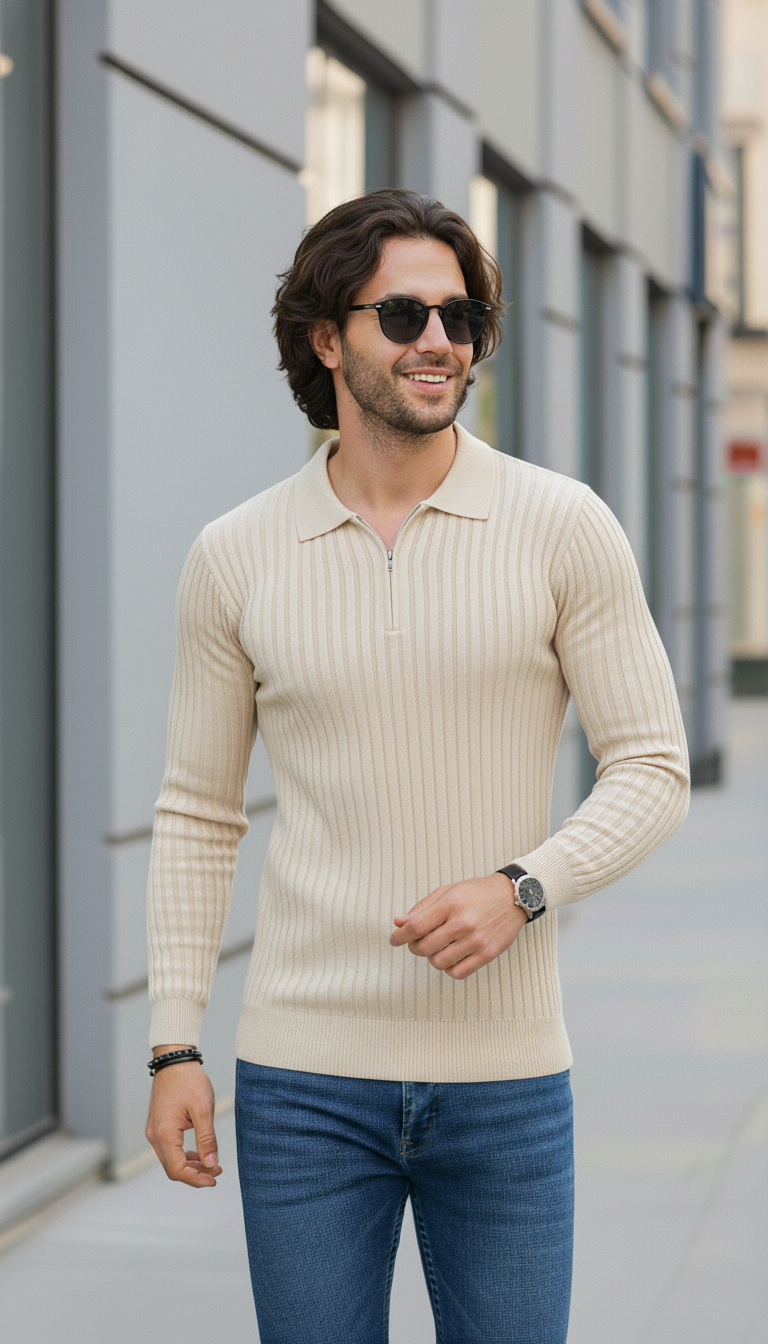 Sand-Cream Zipper Full Sleeve Old Money