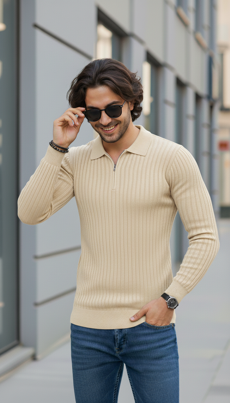 Sand-Cream Zipper Full Sleeve Old Money