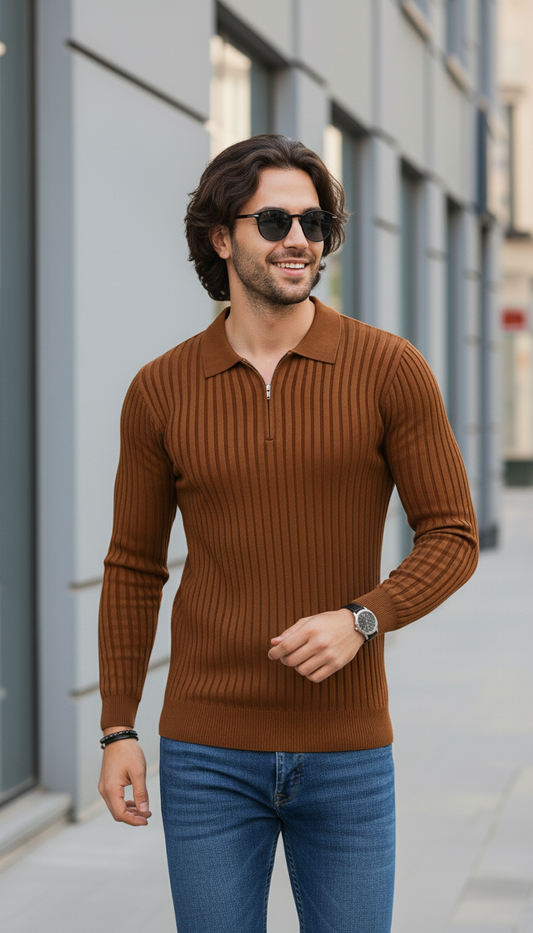 Toffee Brown Zipper Old Money Full Sleeve