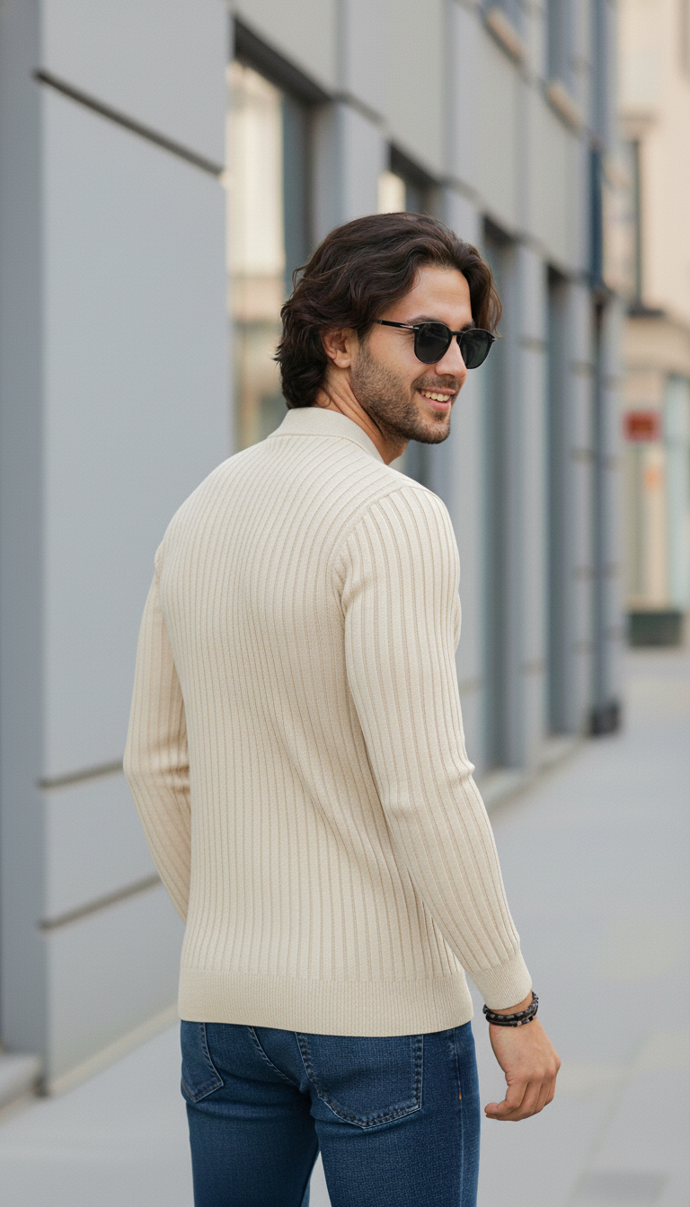 Sand-Cream Zipper Full Sleeve Old Money